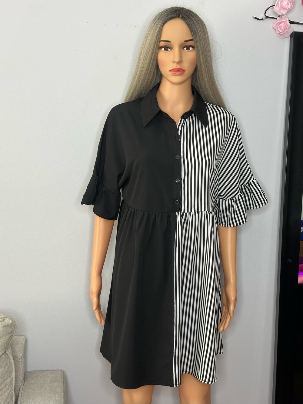 Black & White Striped Half-Button Shirt Dress Sz M like new - Picture 3 of 9